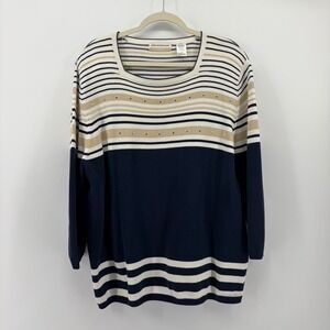 Alfred Dunner Womens‎ 1X Navy Blue Striped Cotton Knit Star Studded Sweater